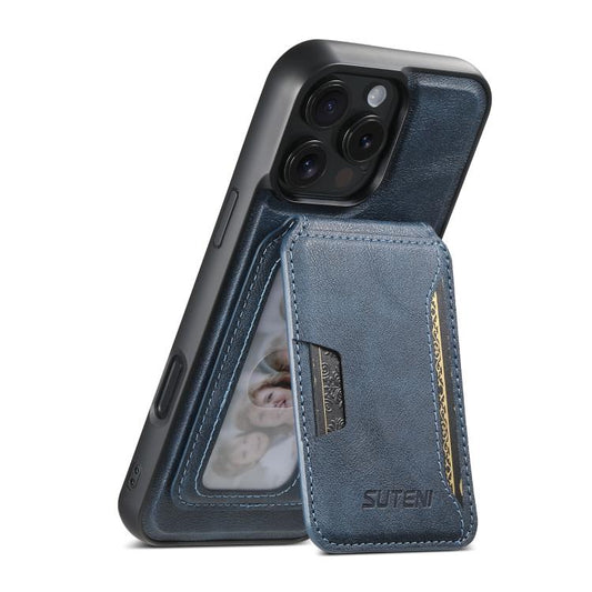 For iPhone 14 Pro Suteni M3 Card Bag MagSafe Cowhide Texture Leather Phone Case(Blue)