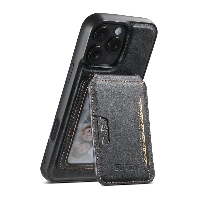 For iPhone 13 Pro Suteni M3 Card Bag MagSafe Cowhide Texture Leather Phone Case(Black)