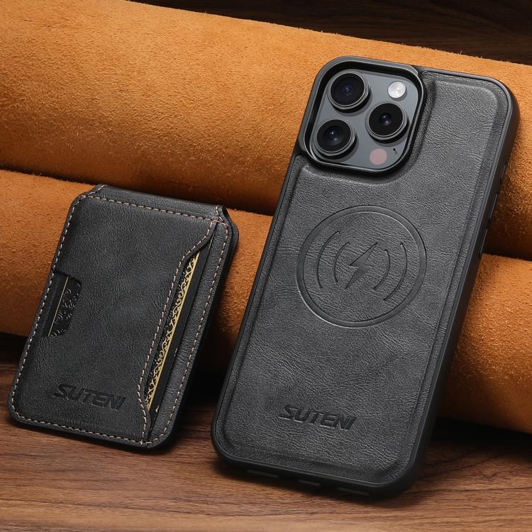 For iPhone 13 Suteni M3 Card Bag MagSafe Cowhide Texture Leather Phone Case(Black)