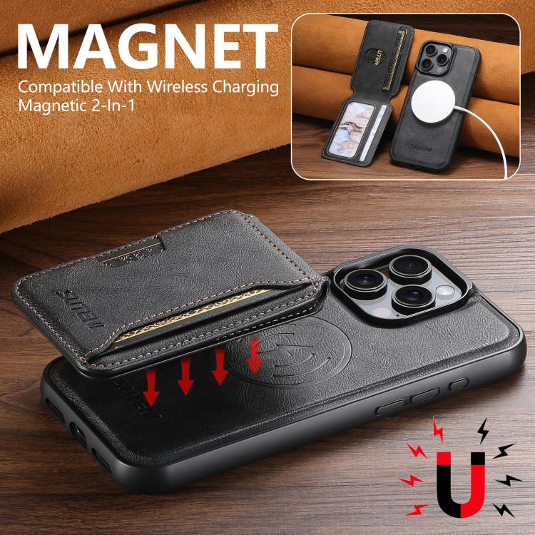 For iPhone 13 Suteni M3 Card Bag MagSafe Cowhide Texture Leather Phone Case(Black)