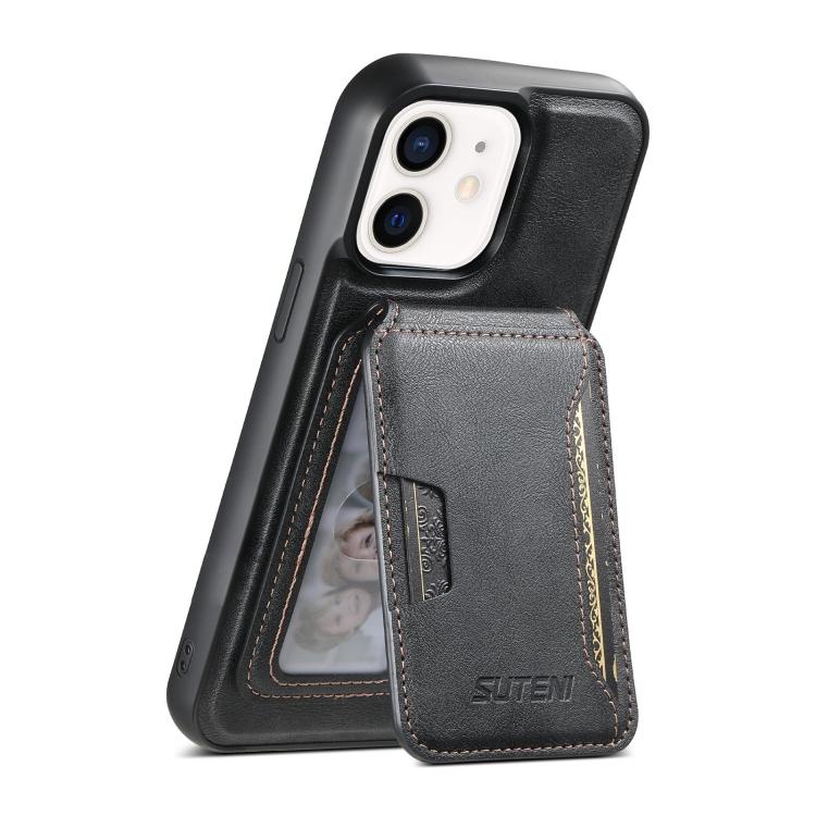 For iPhone 12 Suteni M3 Card Bag MagSafe Cowhide Texture Leather Phone Case(Black)