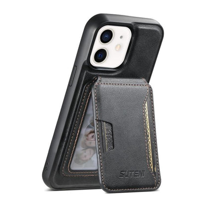 For iPhone 12 Suteni M3 Card Bag MagSafe Cowhide Texture Leather Phone Case(Black)