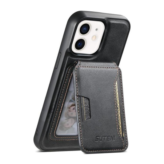 Pour iPhone 12 Suteni M3 Étui de protection pour téléphone en cuir texturé en cuir véritable avec MagSafe (Noir)