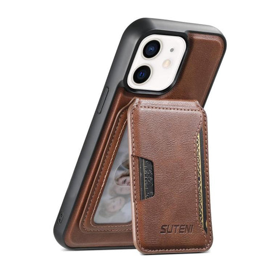 Pour iPhone 12 Suteni M3 Étui de Téléphone en Cuir à Texture Vachette avec Porte-Cartes MagSafe (Marron)