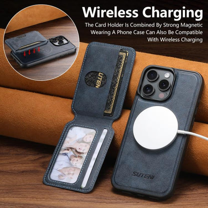 For iPhone 12 Suteni M3 Card Bag MagSafe Cowhide Texture Leather Phone Case(Blue)
