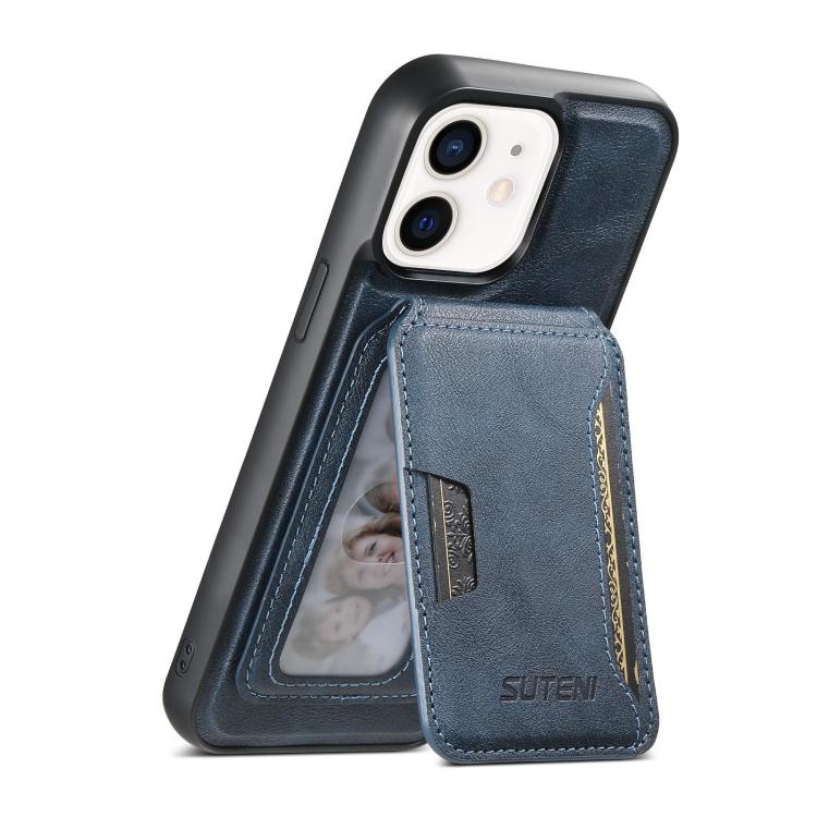 For iPhone 12 Suteni M3 Card Bag MagSafe Cowhide Texture Leather Phone Case(Blue)