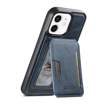 For iPhone 12 Suteni M3 Card Bag MagSafe Cowhide Texture Leather Phone Case(Blue)