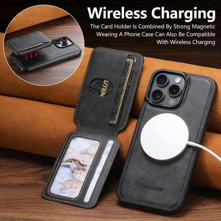 For iPhone 12 Pro Suteni M3 Card Bag MagSafe Cowhide Texture Leather Phone Case(Black)