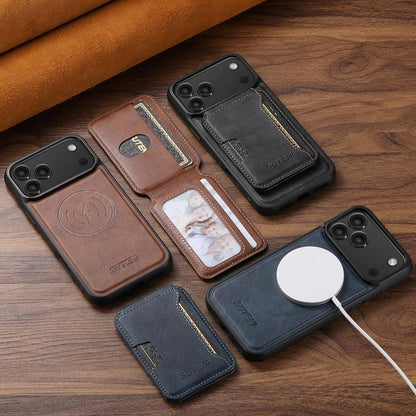 For iPhone 12 Pro Suteni M3 Card Bag MagSafe Cowhide Texture Leather Phone Case(Black)