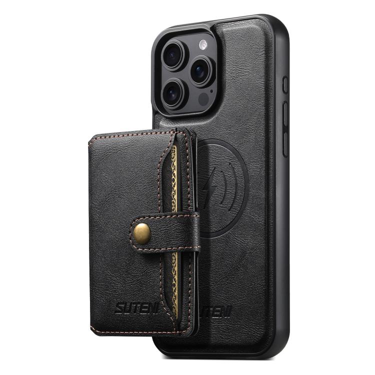 For iPhone 16 Pro Suteni M4 Magnetic Card Bag MagSafe Leather Phone Case(Black)