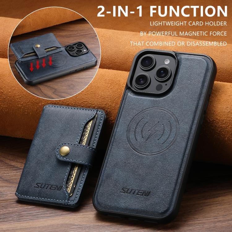 For iPhone 16 Plus Suteni M4 Magnetic Card Bag MagSafe Leather Phone Case(Blue)