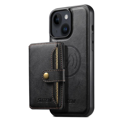 For iPhone 15 Plus Suteni M4 Magnetic Card Bag MagSafe Leather Phone Case(Black)