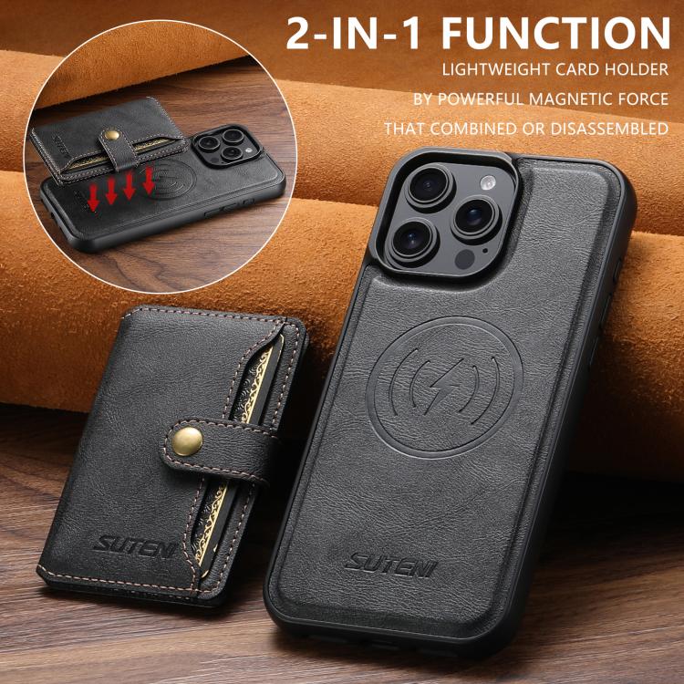 For iPhone 15 Plus Suteni M4 Magnetic Card Bag MagSafe Leather Phone Case(Black)