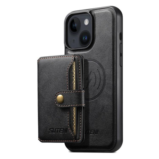 For iPhone 15 Suteni M4 Magnetic Card Bag MagSafe Leather Phone Case(Black)
