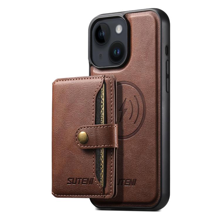 Pour iPhone 15 Suteni M4 Étui portefeuille magnétique MagSafe en cuir (marron)