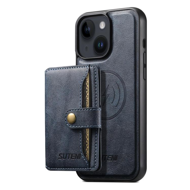 For iPhone 13 Suteni M4 Magnetic Card Bag MagSafe Leather Phone Case(Blue)