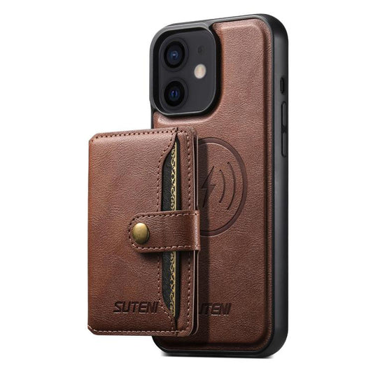 Pour iPhone 12 Étui Suteni M4 Magnétique avec Porte-cartes en Cuir MagSafe (Marron)