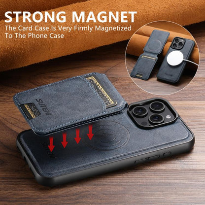 Pour iPhone 16 Pro, étui de téléphone en cuir texturé de vachette Suteni M5 Magnetic Card Bag MagSafe (bleu)