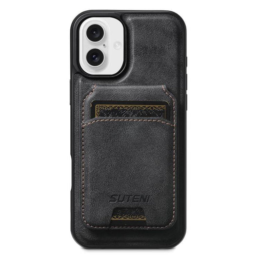 Pour iPhone 16 Plus Suteni M5 Étui Portefeuille Magnétique MagSafe en Cuir Texture Vachette (Noir)