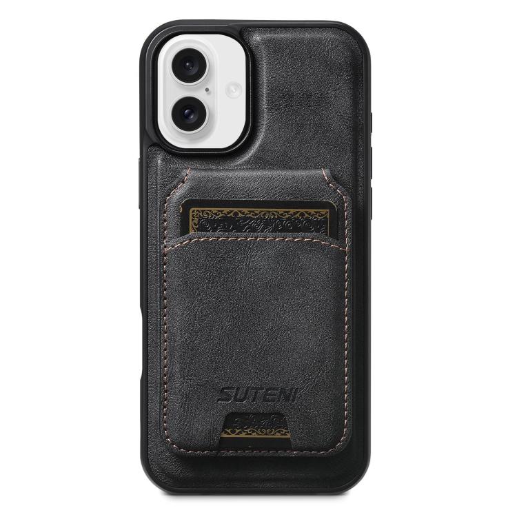 For iPhone 16 Suteni M5 Magnetic Card Bag MagSafe Cowhide Texture Leather Phone Case(Black)