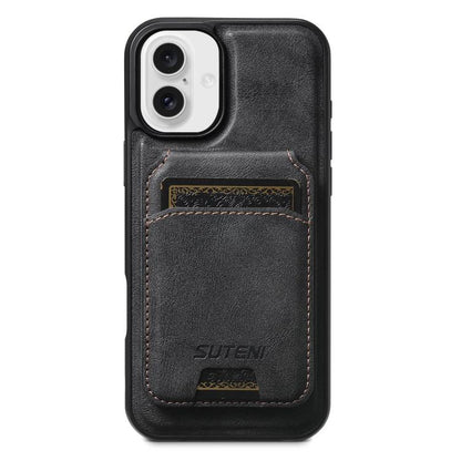 For iPhone 16 Suteni M5 Magnetic Card Bag MagSafe Cowhide Texture Leather Phone Case(Black)