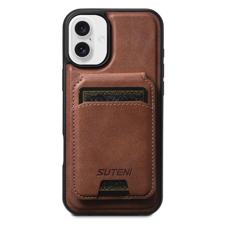 For iPhone 16 Suteni M5 Magnetic Card Bag MagSafe Cowhide Texture Leather Phone Case(Brown)