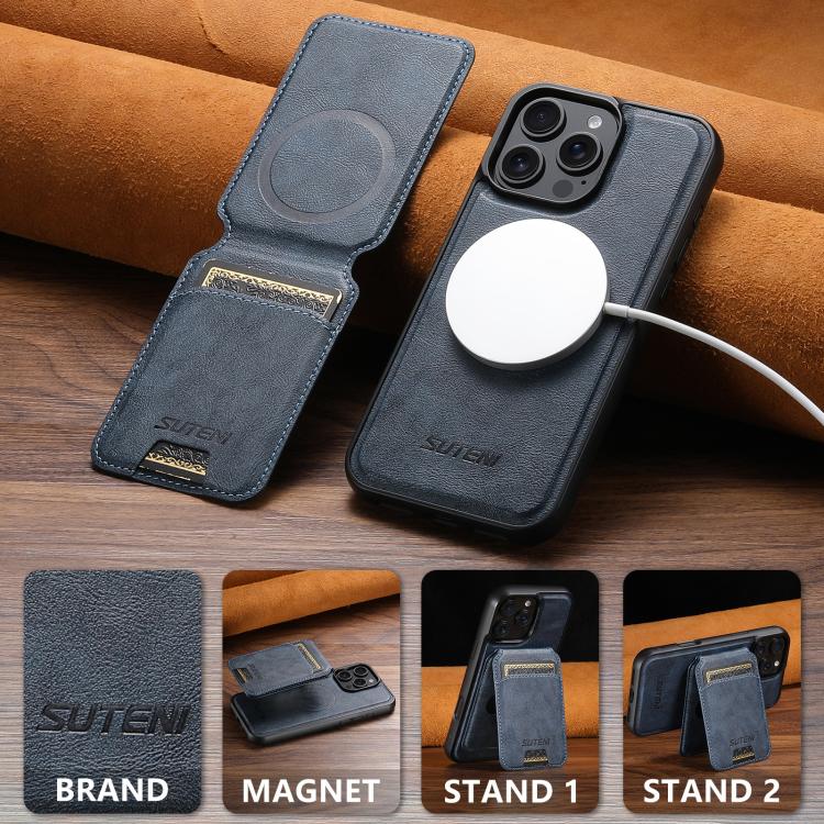 For iPhone 16 Suteni M5 Magnetic Card Bag MagSafe Cowhide Texture Leather Phone Case(Blue)