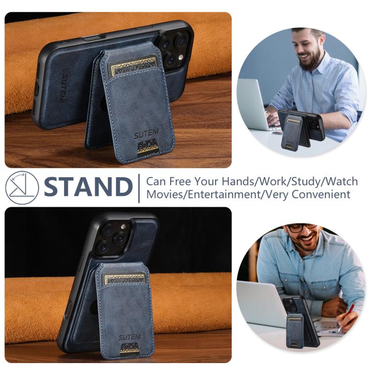 For iPhone 16 Suteni M5 Magnetic Card Bag MagSafe Cowhide Texture Leather Phone Case(Blue)