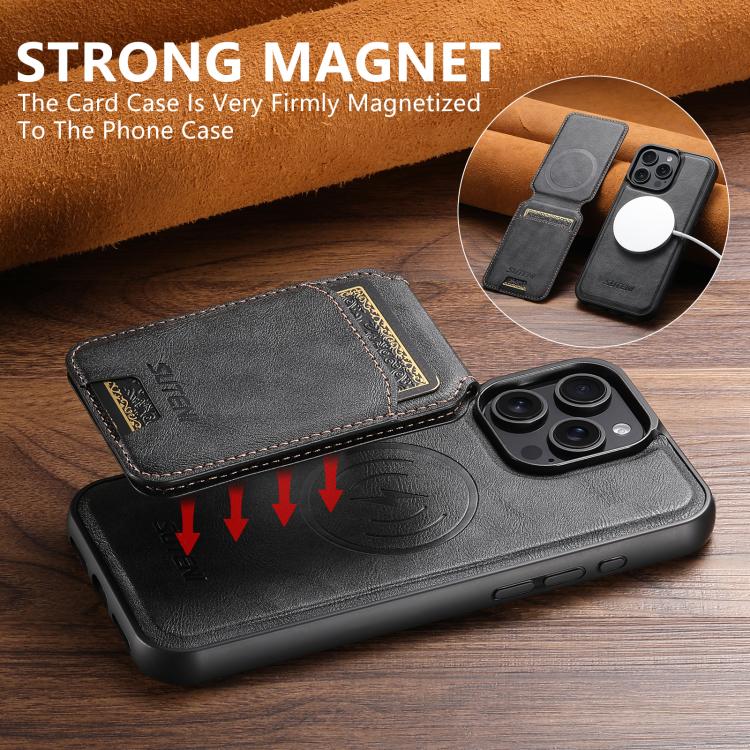 For iPhone 15 Suteni M5 Magnetic Card Bag MagSafe Cowhide Texture Leather Phone Case(Black)