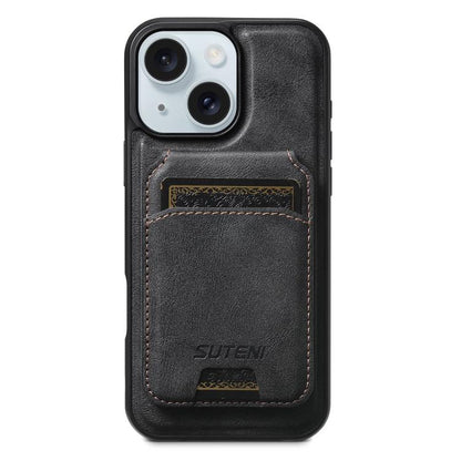 For iPhone 15 Suteni M5 Magnetic Card Bag MagSafe Cowhide Texture Leather Phone Case(Black)