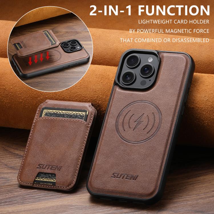 Pour iPhone 15 Étui de téléphone en cuir texturé de vachette Suteni M5 Magnetic Card Bag MagSafe (marron)