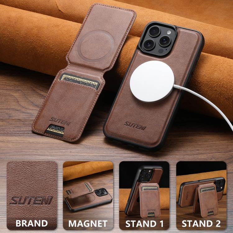 Pour iPhone 15 Étui de téléphone en cuir texturé de vachette Suteni M5 Magnetic Card Bag MagSafe (marron)