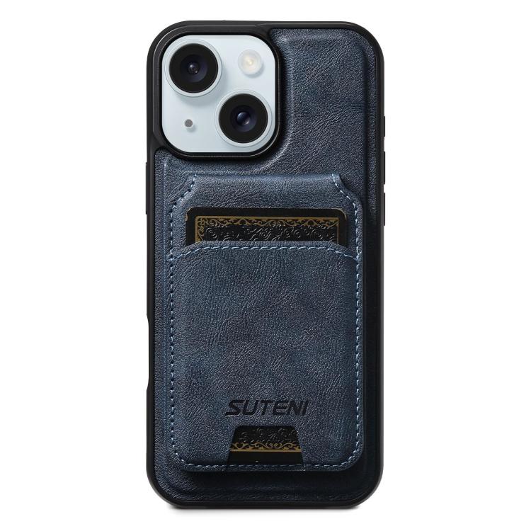 For iPhone 15 Suteni M5 Magnetic Card Bag MagSafe Cowhide Texture Leather Phone Case(Blue)
