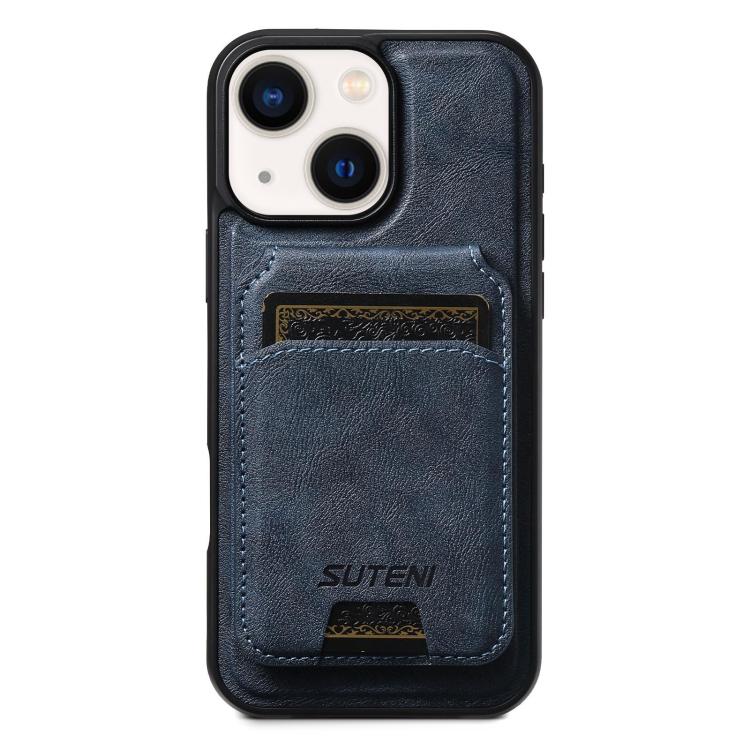 For iPhone 14 Plus Suteni M5 Magnetic Card Bag MagSafe Cowhide Texture Leather Phone Case(Blue)