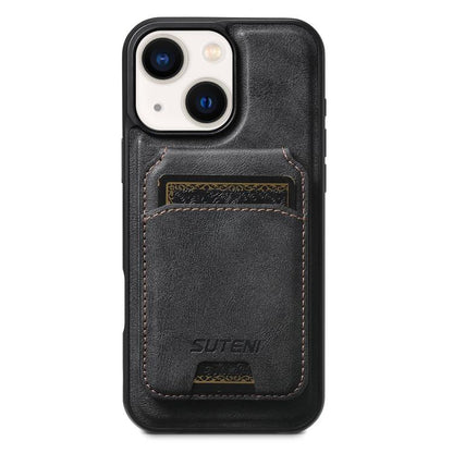 For iPhone 14 Suteni M5 Magnetic Card Bag MagSafe Cowhide Texture Leather Phone Case(Black)