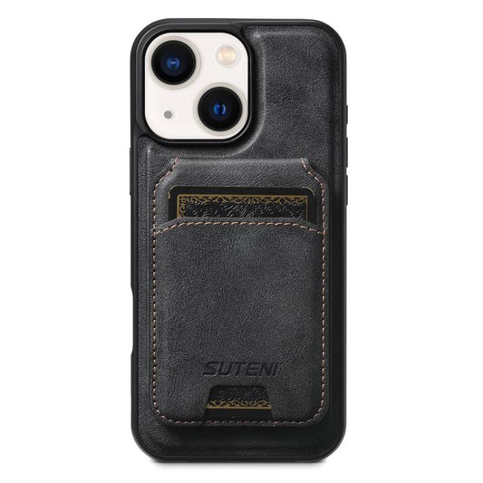 For iPhone 14 Suteni M5 Magnetic Card Bag MagSafe Cowhide Texture Leather Phone Case(Black)