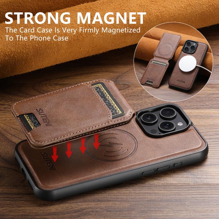 Pour iPhone 14 Pro Suteni M5 Sac porte-cartes magnétique MagSafe en cuir texture vachette (marron)