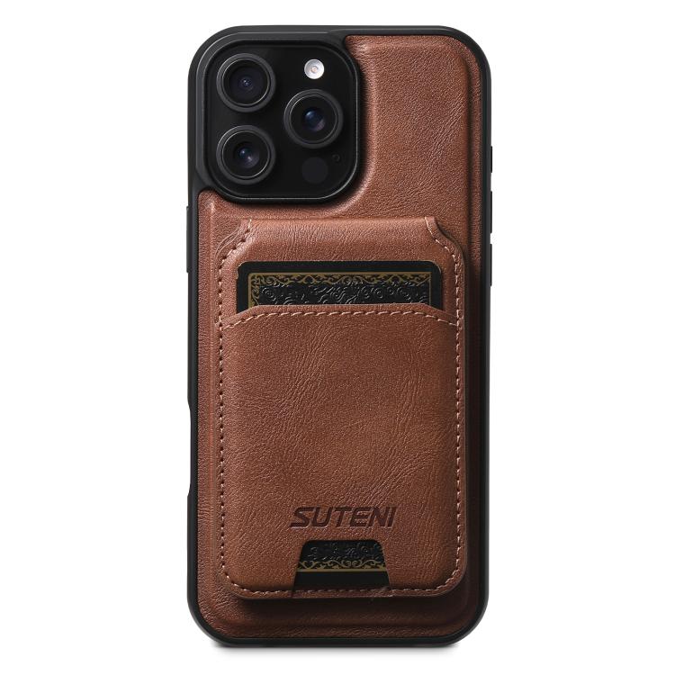 For iPhone 13 Pro Max Suteni M5 Magnetic Card Bag MagSafe Cowhide Texture Leather Phone Case(Brown)