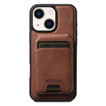 For iPhone 13 Suteni M5 Magnetic Card Bag MagSafe Cowhide Texture Leather Phone Case(Brown)