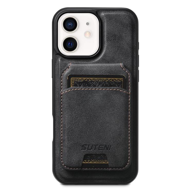 For iPhone 12 Suteni M5 Magnetic Card Bag MagSafe Cowhide Texture Leather Phone Case(Black)