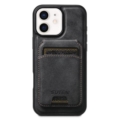 For iPhone 12 Suteni M5 Magnetic Card Bag MagSafe Cowhide Texture Leather Phone Case(Black)