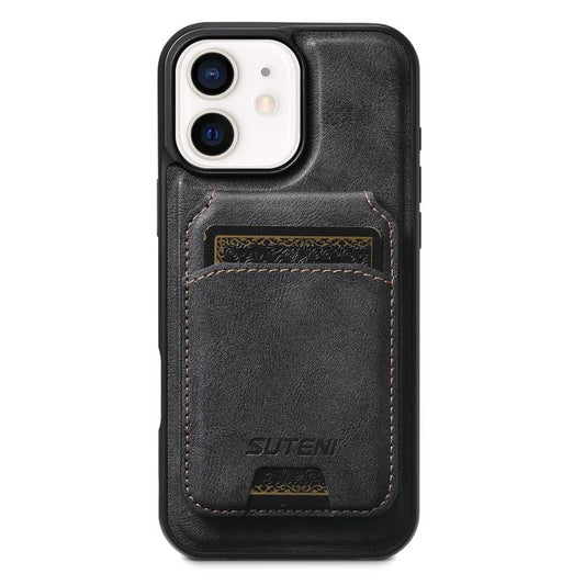 Pour iPhone 12 Suteni M5 Étui portefeuille magnétique en cuir texturé de vachette MagSafe (Noir)