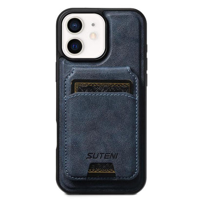 For iPhone 12 Suteni M5 Magnetic Card Bag MagSafe Cowhide Texture Leather Phone Case(Blue)