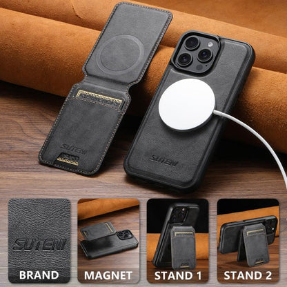 Pour iPhone 12 Pro Étui de téléphone en cuir texturé de vachette MagSafe Suteni M5 avec porte-cartes magnétique (noir)