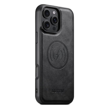 For iPhone 16 Pro Max Suteni G5 Cowhide Leather MagSafe Magnetic Phone Case(Black)