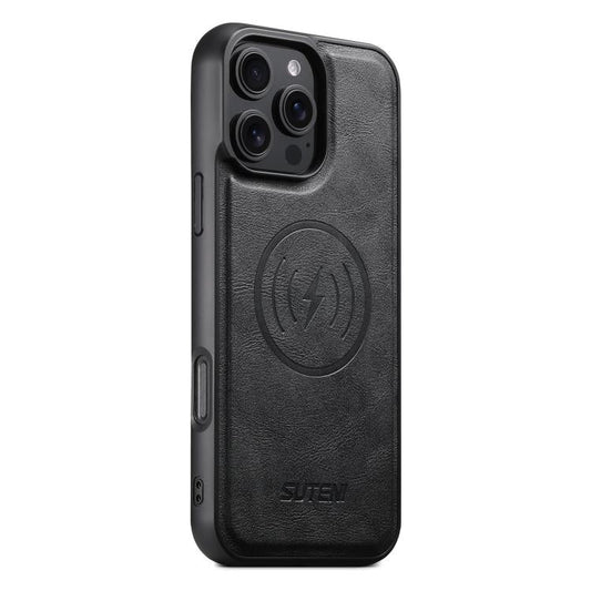 Pour l'iPhone 16 Pro Max, coque de téléphone magnétique MagSafe en cuir de vachette Suteni G5 (noir)