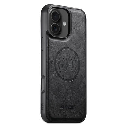 For iPhone 16 Plus Suteni G5 Cowhide Leather MagSafe Magnetic Phone Case(Black)