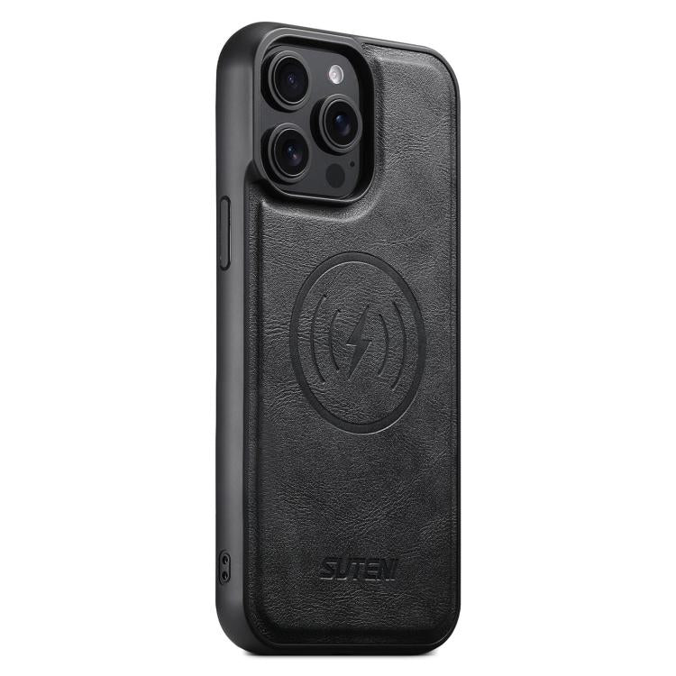 For iPhone 15 Pro Suteni G5 Cowhide Leather MagSafe Magnetic Phone Case(Black)