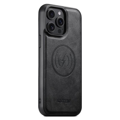 For iPhone 15 Pro Suteni G5 Cowhide Leather MagSafe Magnetic Phone Case(Black)