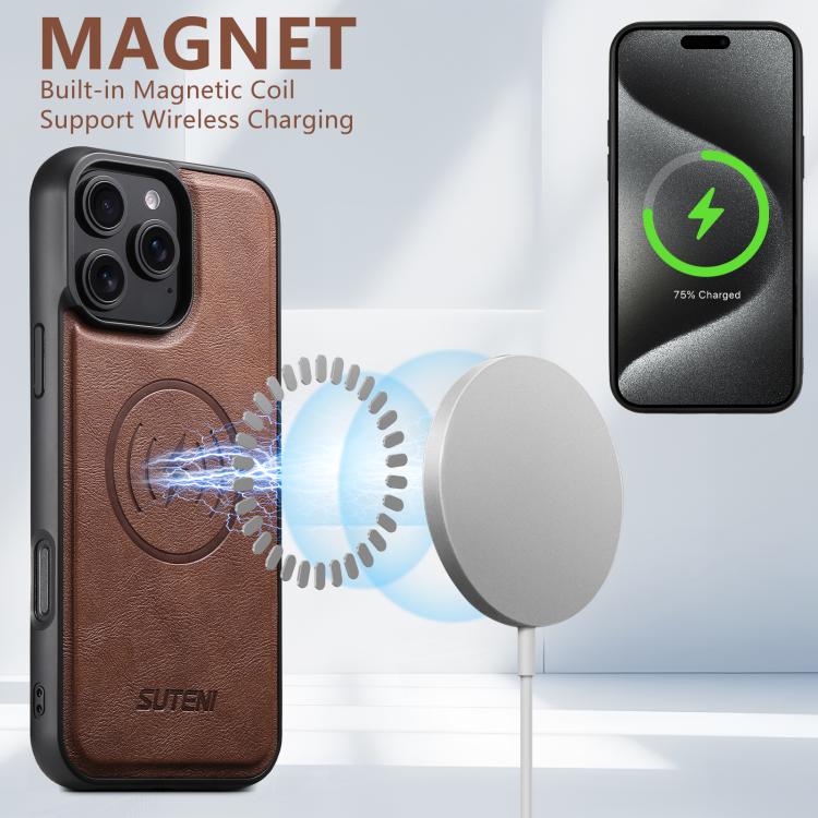 For iPhone 15 Pro Suteni G5 Cowhide Leather MagSafe Magnetic Phone Case(Brown)